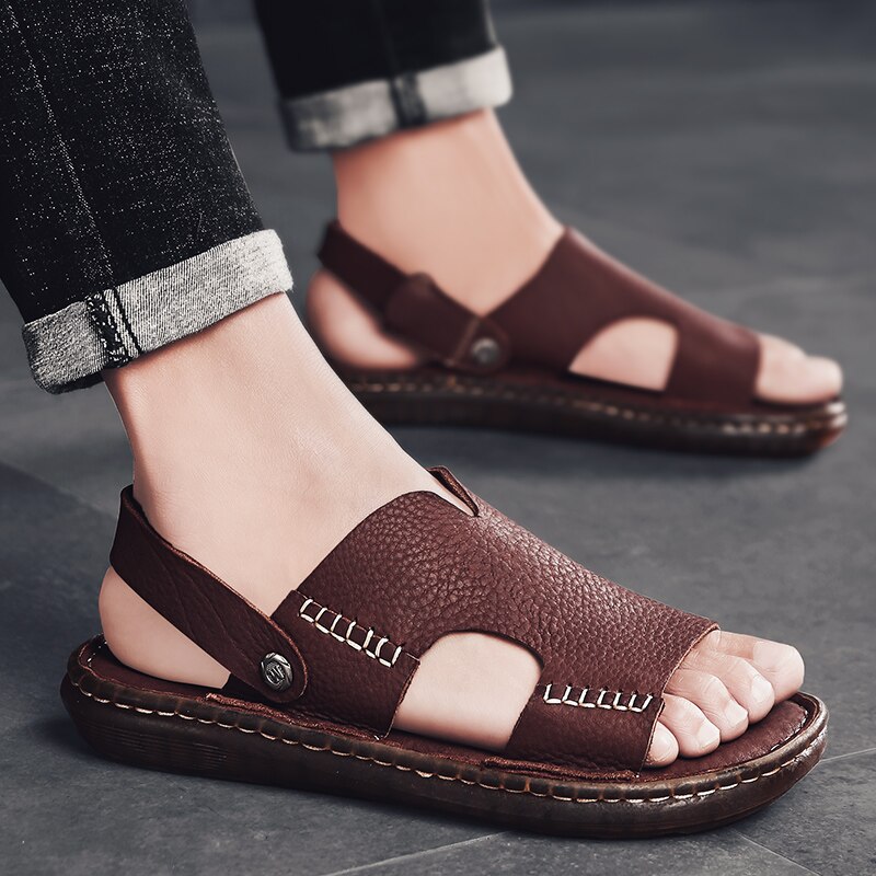 Sandalias de gladiador Retro para hombre, zapatos de cuero de para verano, sandalias de playa antideslizantes para hombre