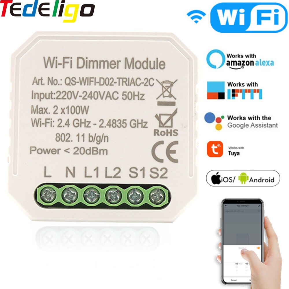 Smart Wifi Lamp Dimmer 2-Gang Breaker Module Tuya App/Smart Leven, werkt Met Alexa/Googlehome, Verstelbare Licht Helderheid