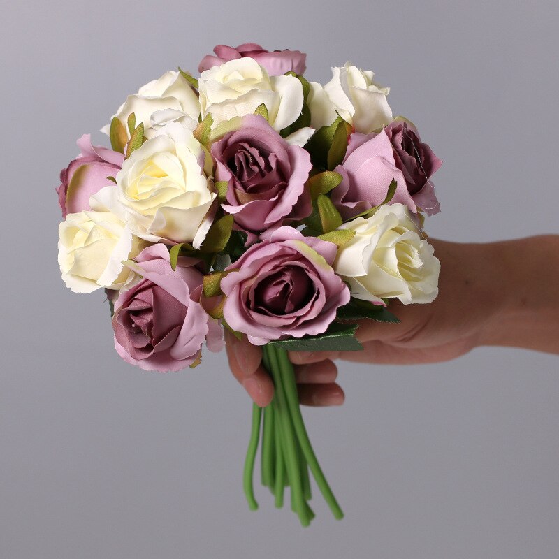 12Pcs Artificial Flowers Rose, Silk Roses Bridal Wedding 1 Bouquet Decoration Home Office Party Decor Arrangements: White and Purple