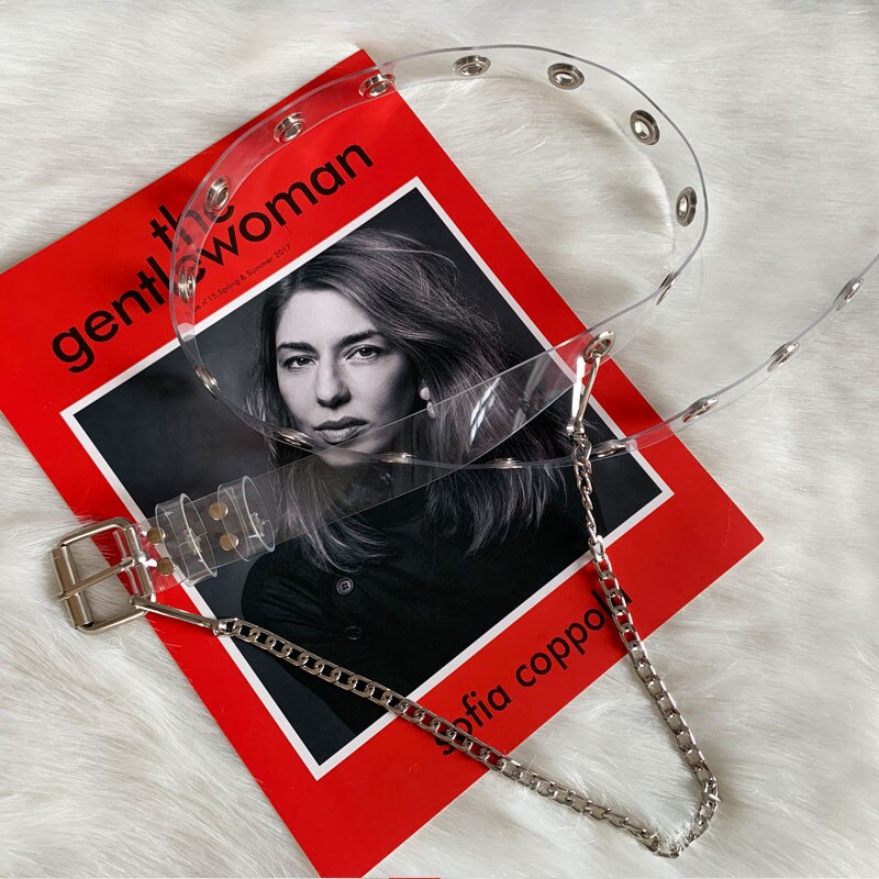 Punk pvc dam bälten silver fyrkantigt spänne med kedja genomskinlig midjerem jeans byxor casual svart dam kvinnlig midjeband