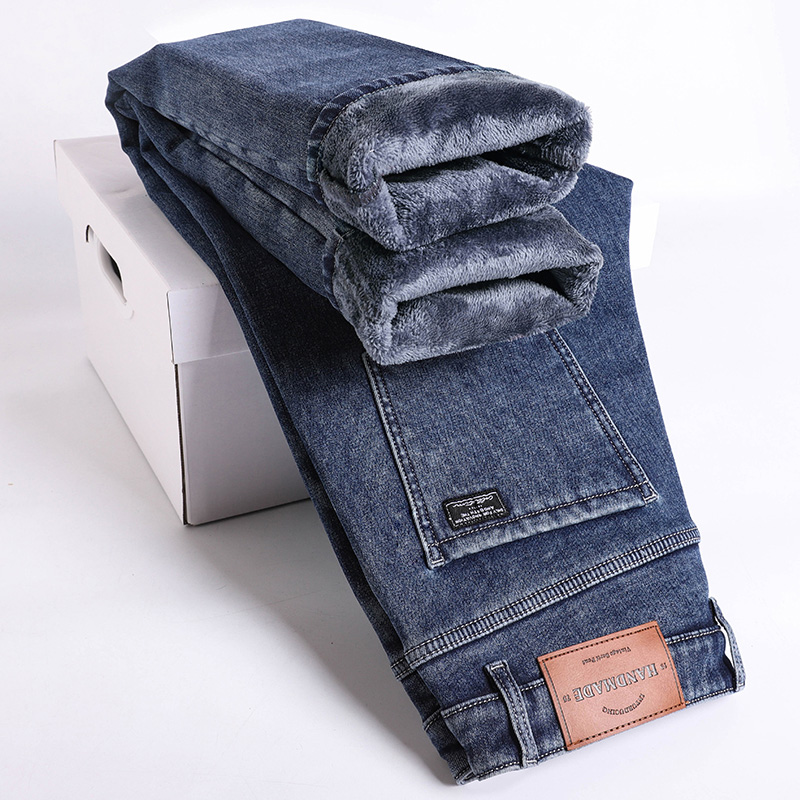Winter Fleece Thick Warm Jeans Men's Slim Straight Elastic Denim Pants Casual Male Clothing Plush Trousers: 28 / Blue