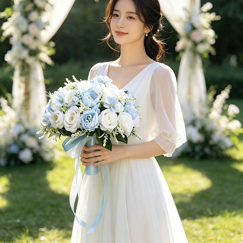 Blue Peonies White Roses Bride Bouquet Buttonhole Boutonniere Wedding Accessories Bridal Bridesmaids Marriage Artificial Flowers