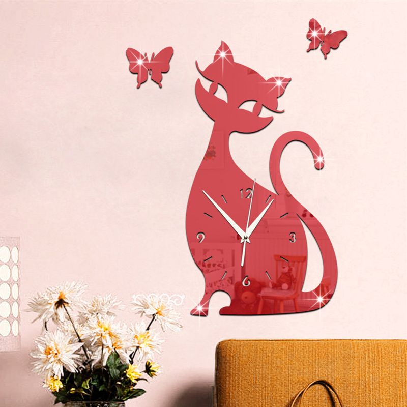 Acrylic Mirror Wall Clock Cartoon Cat Pointer Clock Watch Office Living Room Wall Mounted Clocks Decoration часы настенные
