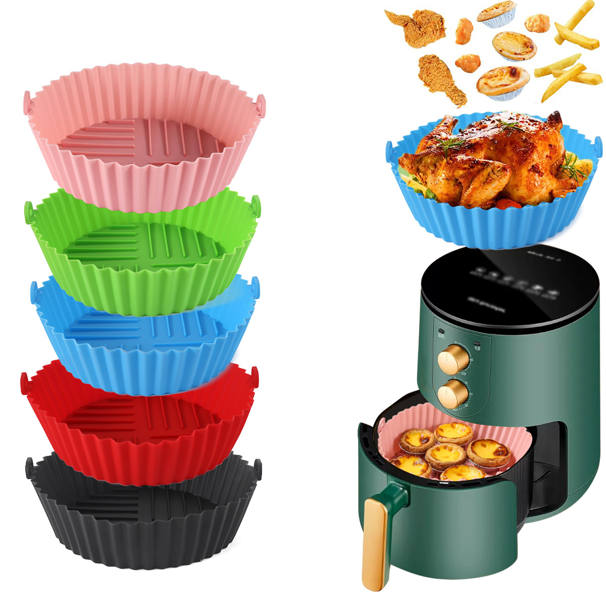 Air Fryer Silikon-Backblechmatte, kreisförmig, hochtemperaturbeständig, faltbar, Doppelohr-Backblech in Lebensmittelqualität