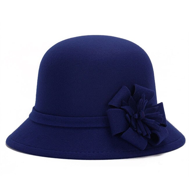 Elegent Frauen Wolle Filz Blumen Fedora Hütte Damen Breiter Krempe Hütte Herbst Winter Edle Europäischen Amerikanischen Elegante Mädchen Kappe: Blau