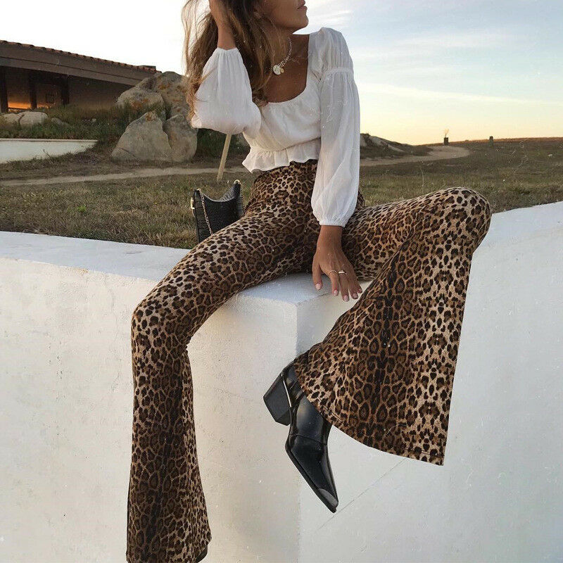 Pantalones acampanados Vintage para mujer, pantalón de cintura alta con estampado de leopardo, ajustados, informales, elegantes, Retro, para y vacaciones