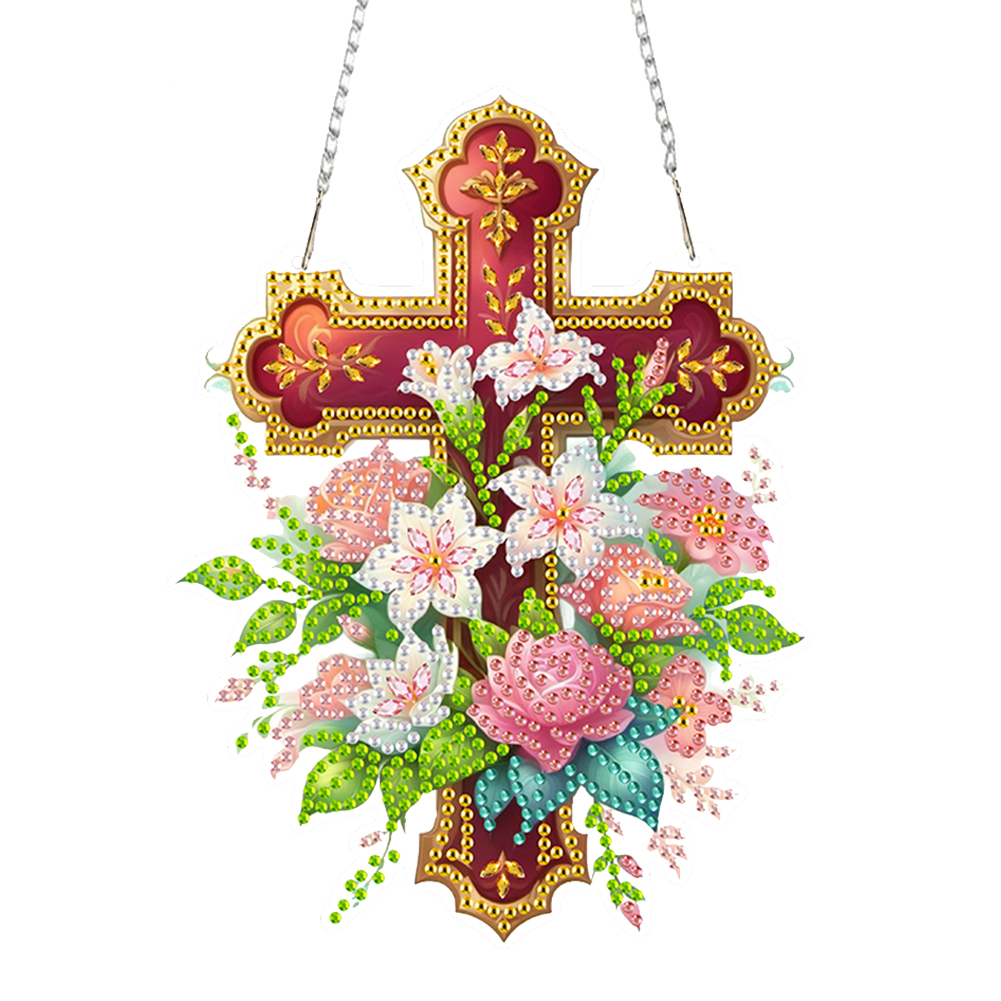 Flowers Cross Diamond Art Hanging Pendant Diamond Painting Home Decor Rhinestone Diamond Art Window Pendants for Window Decor: WHITE
