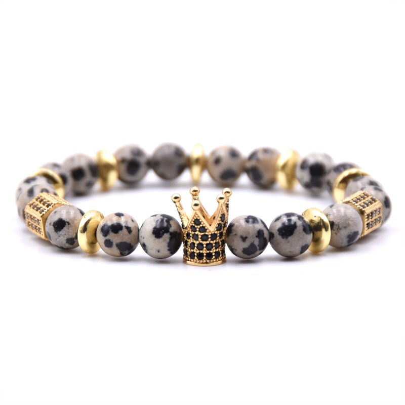 Cz Zirconia Koning Crown Gear Spacer Charms Armbanden Natuursteen 8Mm Kralen Armband Mannen Sieraden Kerstcadeaus: 9