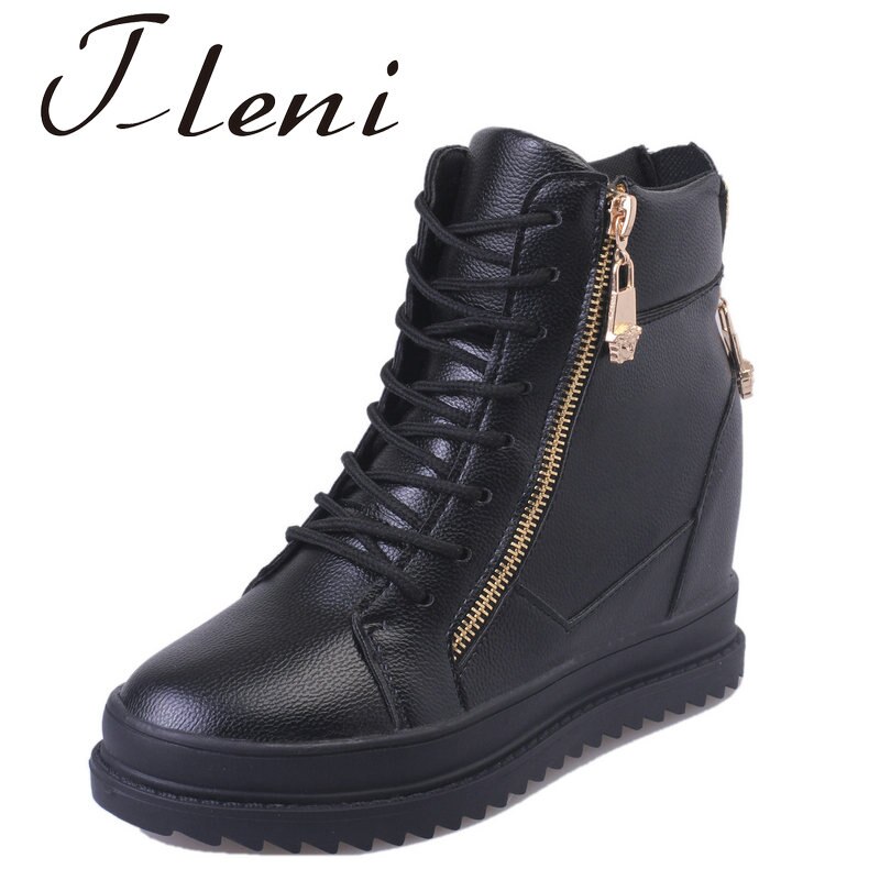 Spring and Autumn invisible height increase high women sports shoes flat bottom wedge side zipper sneakers walking shoes ZW-114: Black / 6