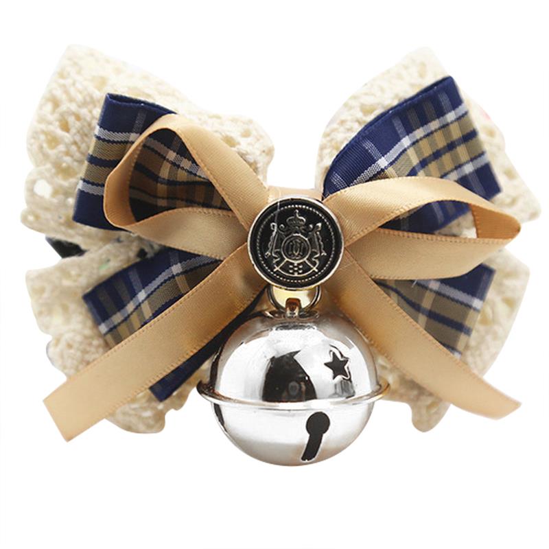 Cute Pets Cat Dogs Adjustable Collar Leather Bowtie Necktie Plaid Lace Bowknot with Bell for Wedding Party Cat Dog Grooming Tie: Beige   Silver bell / S