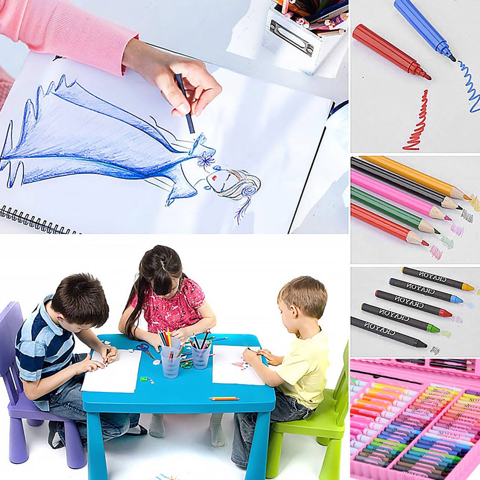 Ensemble de dessin artistique pour enfants, 168 pièces, Crayons à l&#39;huile, Pastels, marqueurs d&#39;aquarelle, outils à crayon de couleur, pour garçons et filles, Art su
