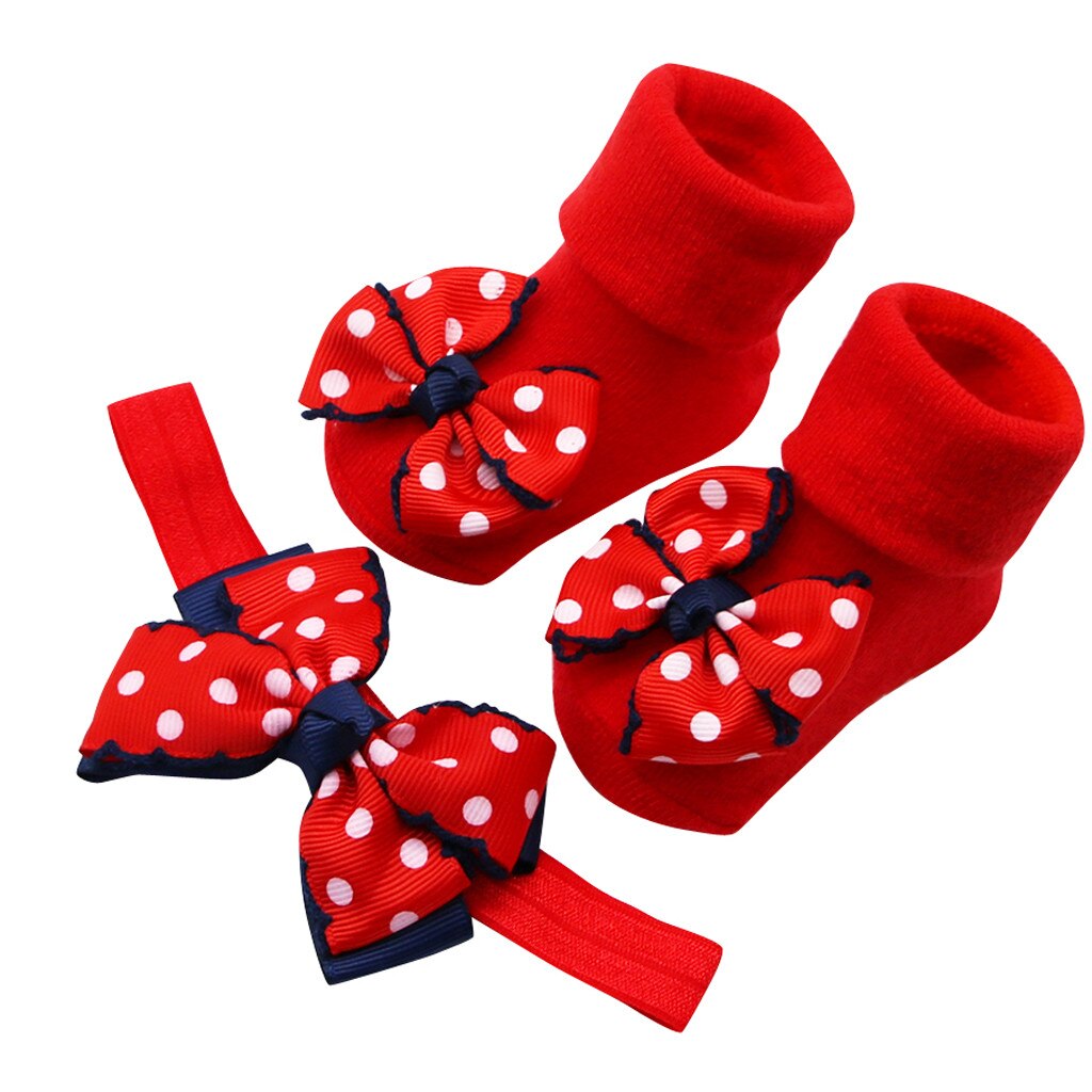 Baby Kleinkind Socken + 1PC Haar Gürtel Kleinkind Mädchen Bogen Welle Punkt Anti-Unterhose Baumwolle freundlicher Socken freundlicher Mädchen Herbst Warme Socken