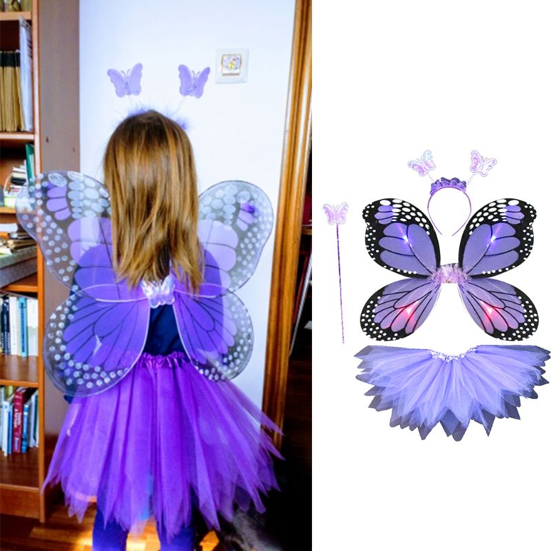 Adulte enfants 4 pièces ensemble de costumes de fée LED Simulation ailes de papillon pointu Tutu jupe bandeau baguette princesse filles fête habiller