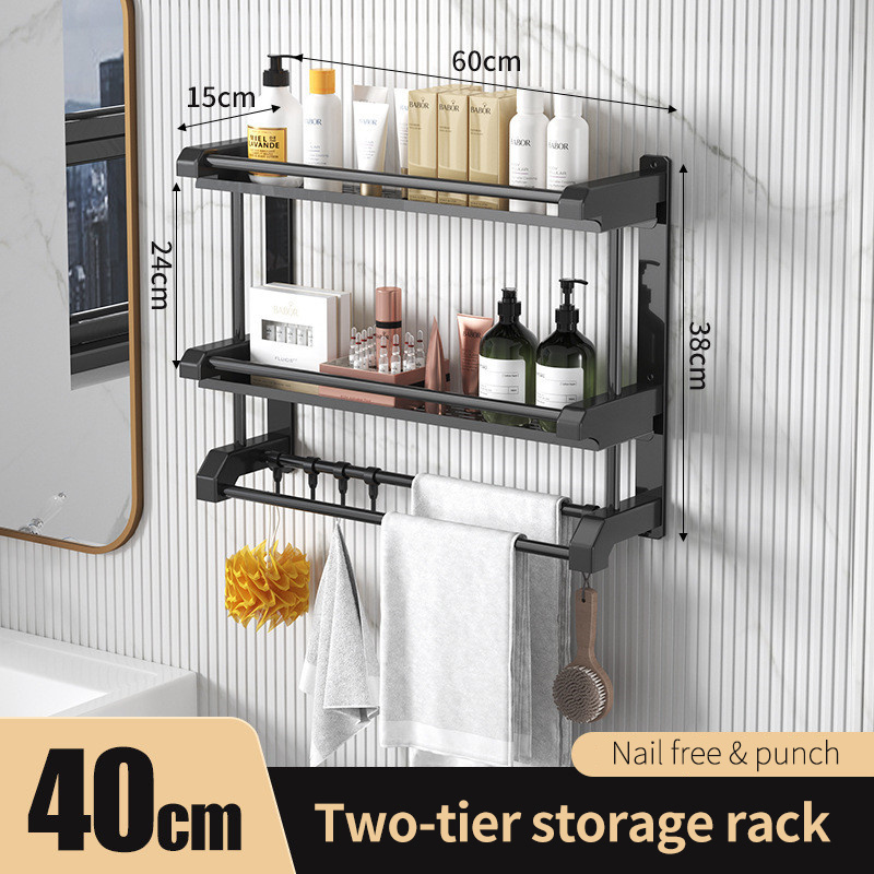 Organizador de baño sin taladro, estante de almacenamiento de ducha, negro, estante colgante de pared, soporte de toalla de inodoro, accesorios de baño: Double layer 40cm