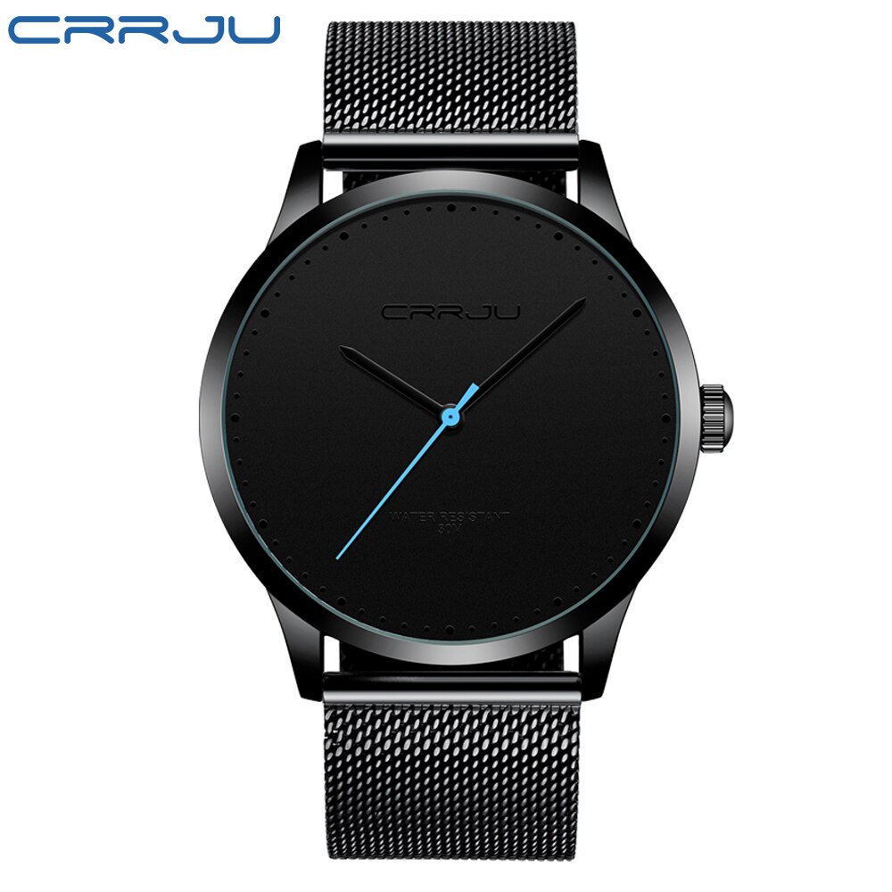 Relogio Masculino CRRJU zegarek dla mężczyzn czarna duża tarcza Casual zegarki kwarcowe unikalne proste zegarki sportowe Mesh wodoodporny zegarek: black black