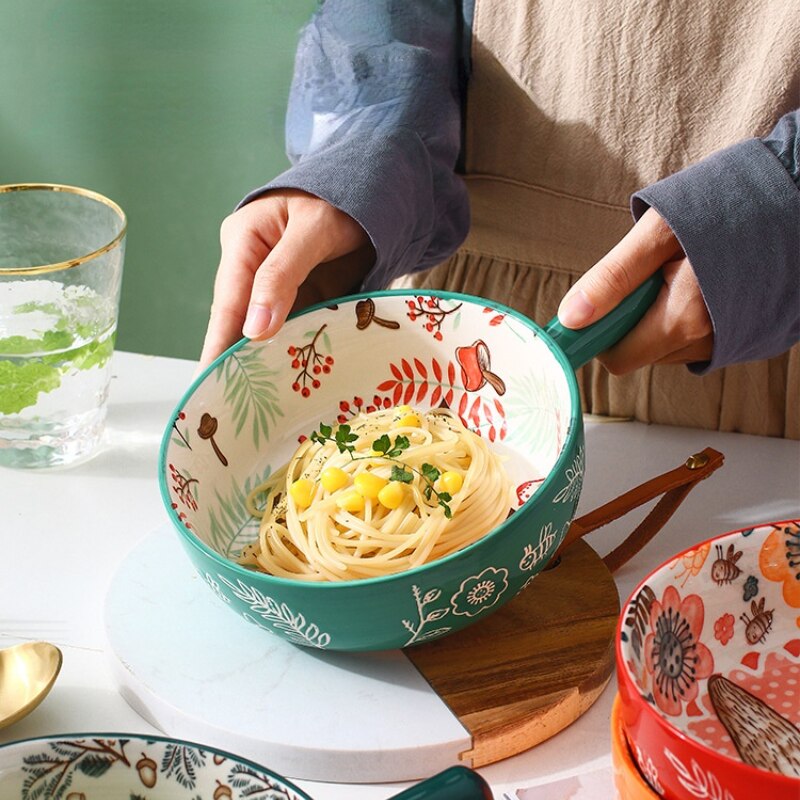 Cartoon Handle Bowl Household Fruit Salad Bowl Tableware Cute Animals Instant Noodle Bowl Ceramic Baking Bowl