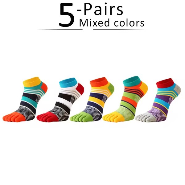 5 Pairs Bright Color Ankle Five Finger Socks Man Cotton Striped Patchwork Mesh Breathable Street No Show Socks With Toes: Default Title