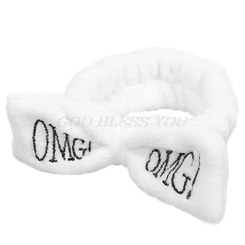 Vrouwen Meisjes Spa Brede Hoofdband Leuke Strik Omg Brieven Geborduurde Haarband Elastische Make Flanel Tulband Snoep Kleur Handdoek: WHITE