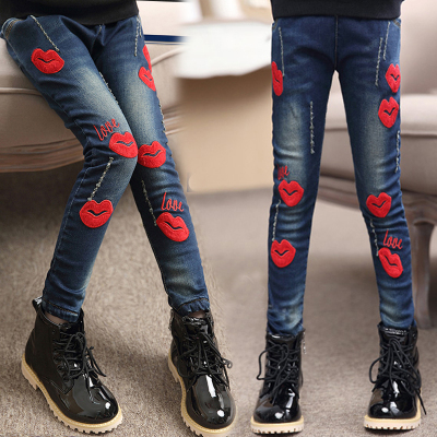 Children denim Pants girls ripped jeans baby kids cartoon leggings autumn children's clothes girl cotton casual pencil trousers: 16T
