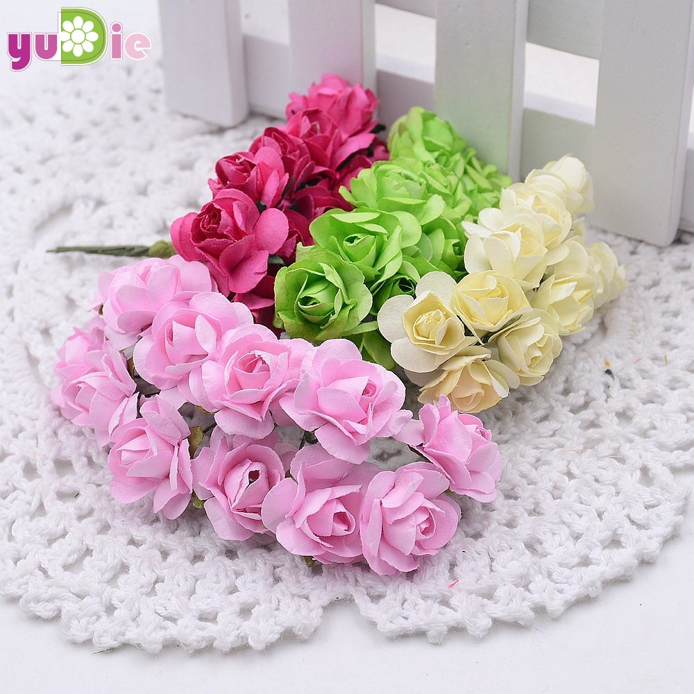 12 stk/parti 1.5cm mini papir rose blomster bukett bryllup dekorasjon papir blomst til gjør-det-selv scrapbooking blomster papir billige blomster