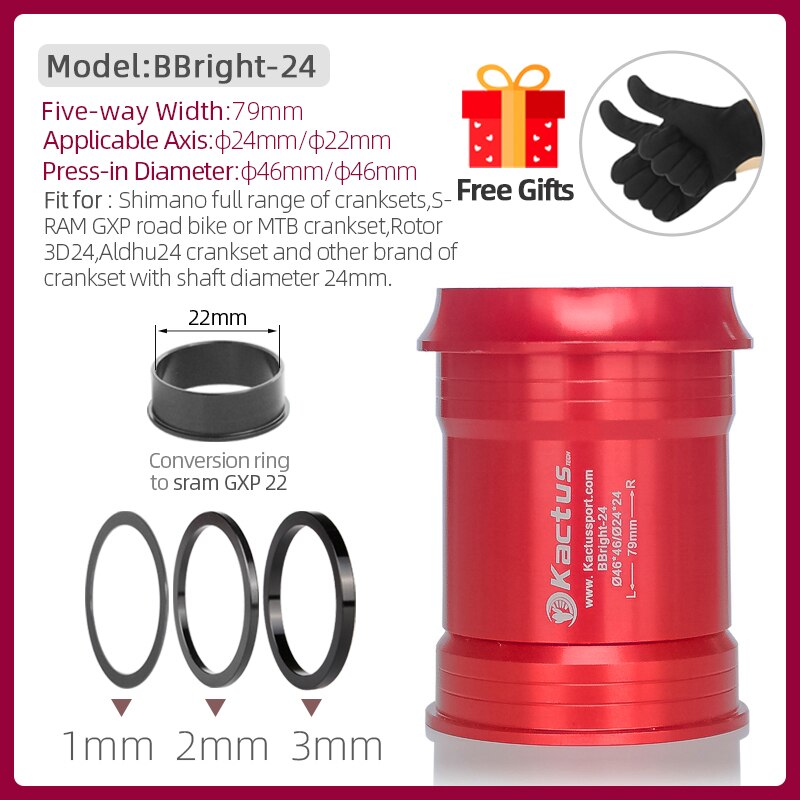 Kactus-soporte inferior de bicicleta de BBright-24, adaptador de rodamiento de cerámica para SRAM GXP Shimano, 24/22mm, cigüeñal, Pressfit, 46mm, para carretera y MTB: BBright-24 RED