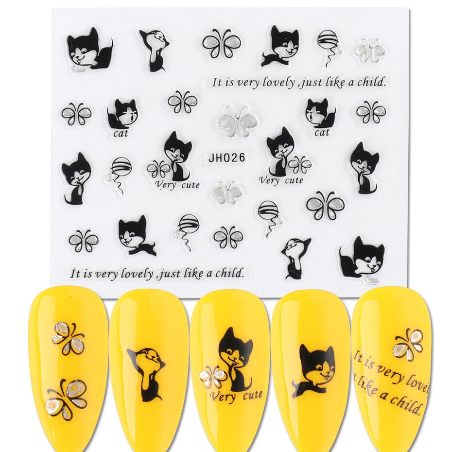 1 stk sommer 3d negle mærkat sød sort kat mønster klæbende skyder neglekunst dekoration diy mærkat til manicure sajh 025-36: Jh026