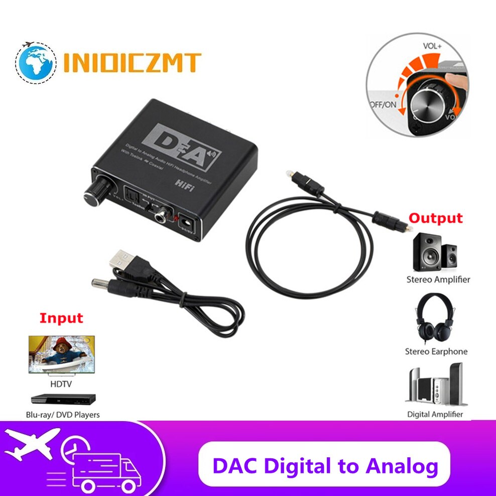 INIOICZMT Hifi DAC Amp Digital To Analog Audio Converter Decoder 3.5mm AUX RCA Amplifier Adapter Toslink Optical Coaxial Output
