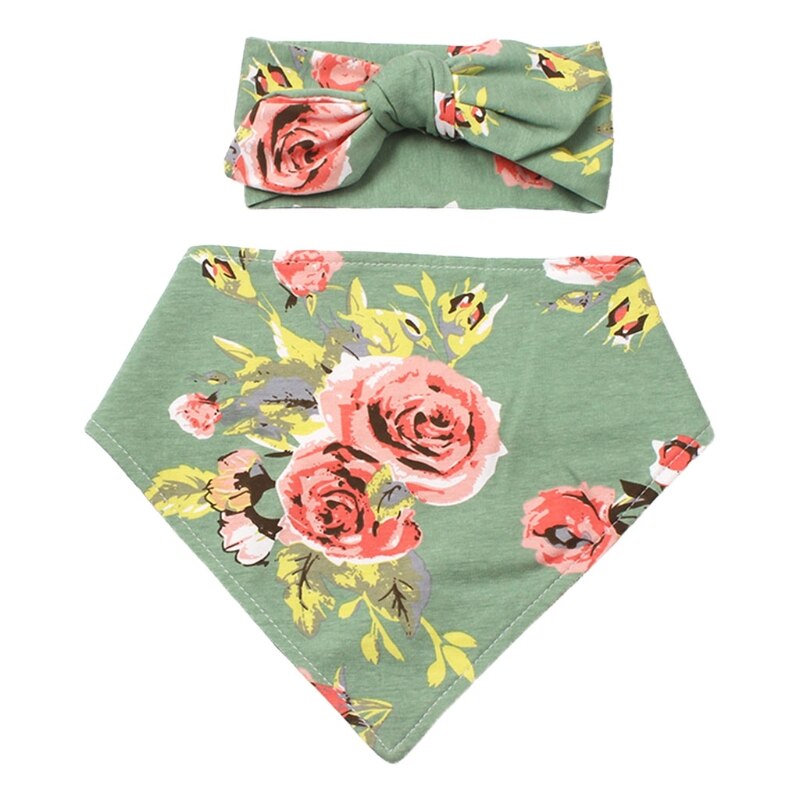 2 Pcs Babyvoeding Kwijl Bib Hoofdband Set Double Side Bloemenprint Slabbetjes Haar Band Kit Speeksel Handdoek Zachte Pure katoen Driehoek Voor: 4