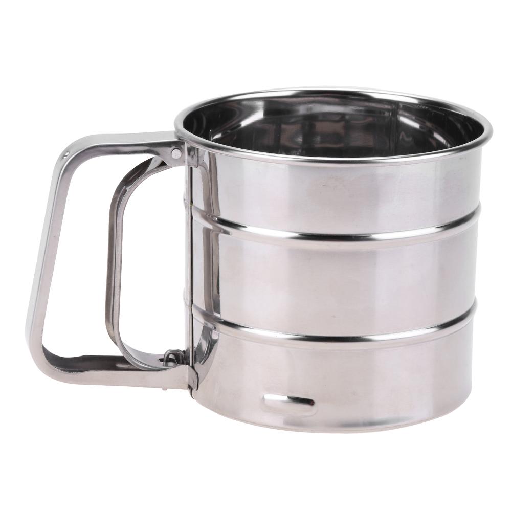 Mezclador de harinas manual de acero inoxidable, taza tamizadora de malla, herramienta para hornear azúcar glaseado, prensado a mano, utensilios para hornear