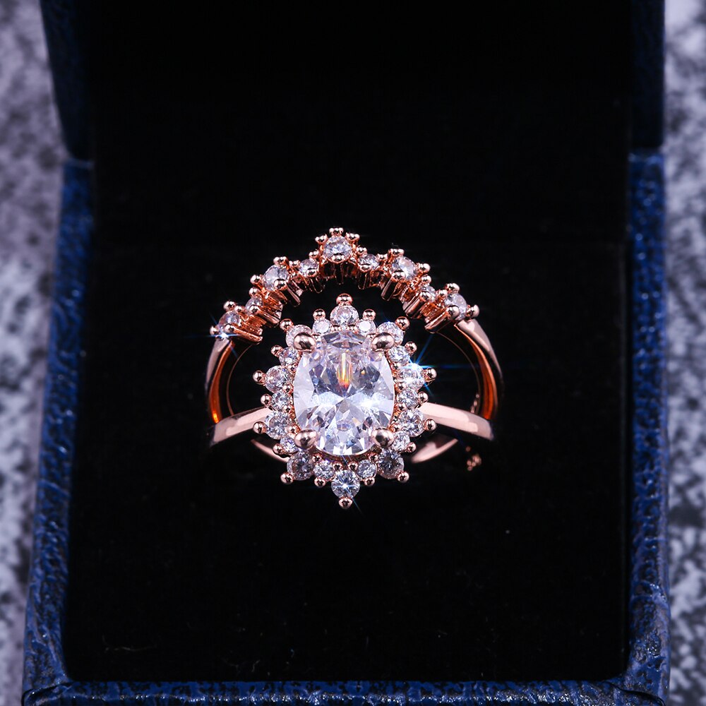 Huitan Neue 2PC Braut Ring Sets Ziemlich Sonne Blume Geformt Rose Gold Hochzeit Engagement Ringe Für Weibliche Mit klar Stein