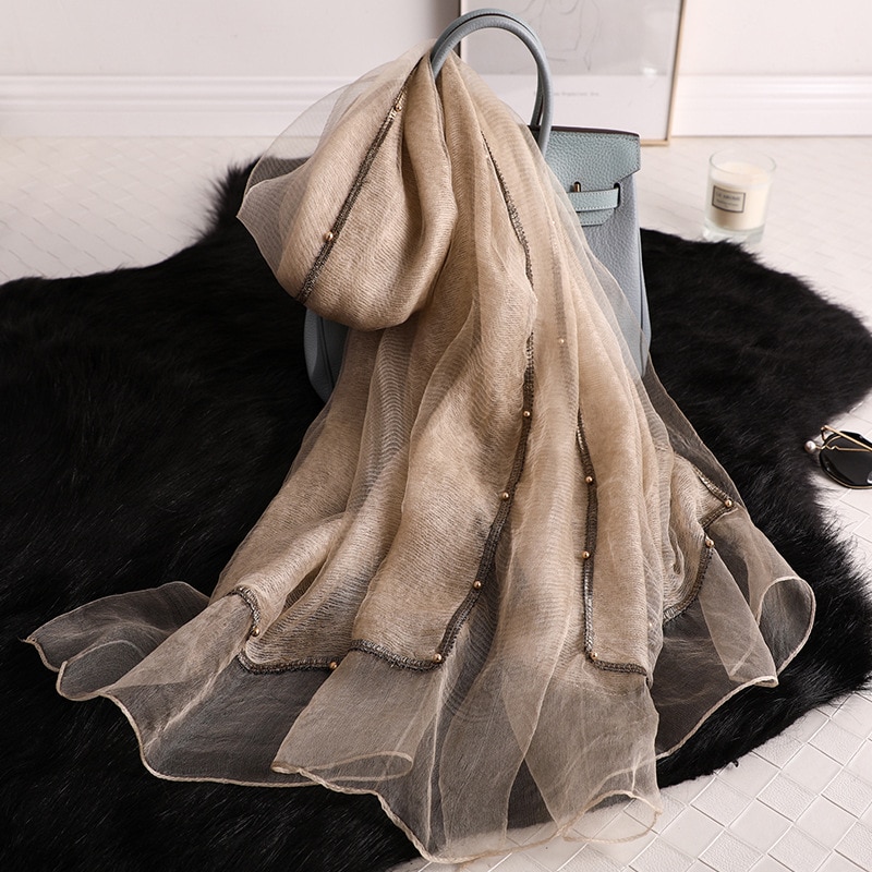 Heltäckande pärlor kvinnor siden halsdukar broderi mjuk ull halsduk lady pashmina sjal bandana foulard: Beige