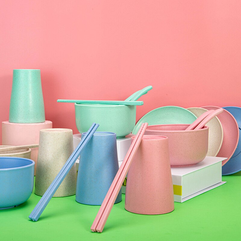 6Pcs/set Baby Feeding Dishes Wheat Straw Eco-friendly Dinnerware With Bowl Cup Plate Kids Spoon Fork Chopstick Tableware MBG0553