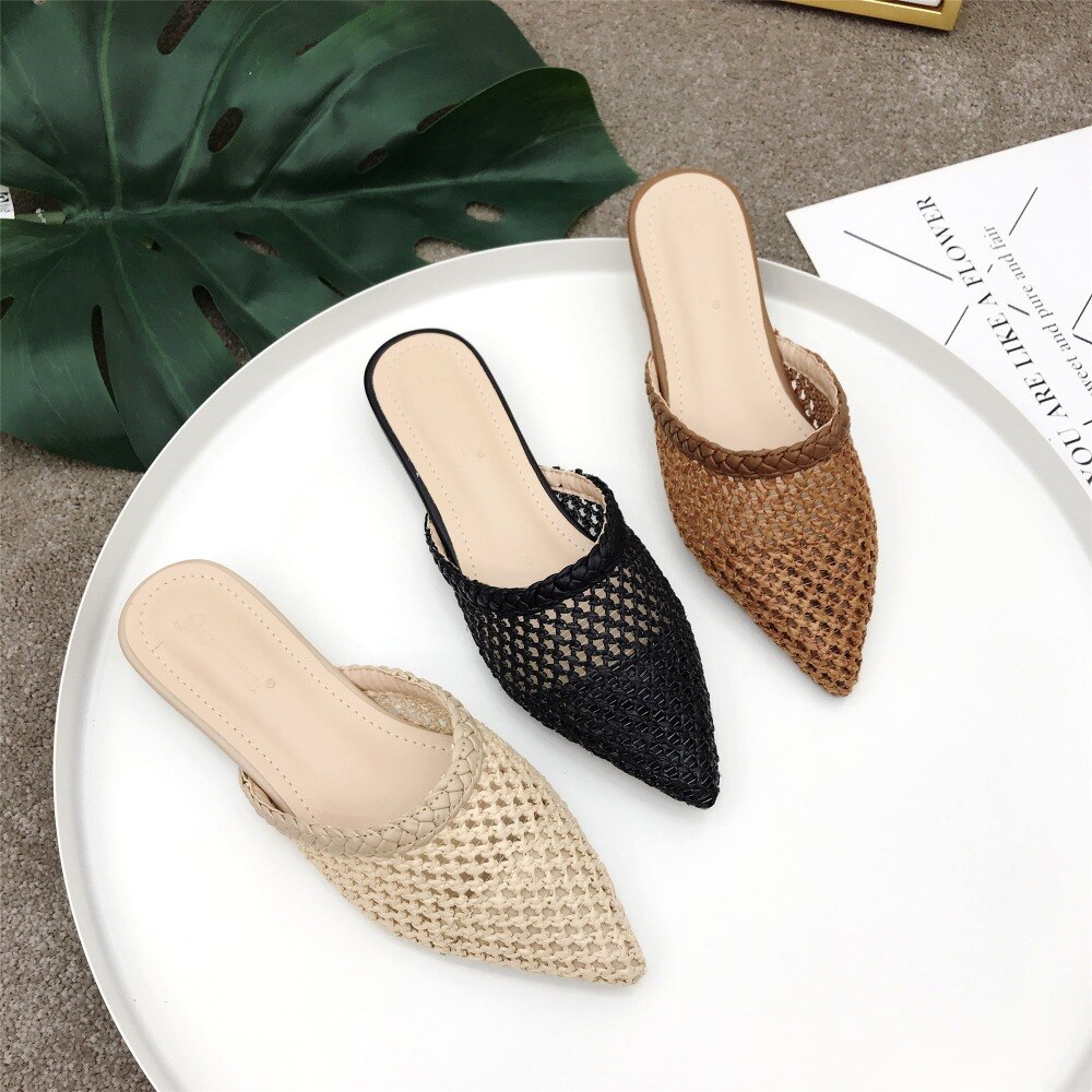 Vrouwen Wees Lage Hak Slippers Zomer Riet Geweven Rotan Gras Sandalen Strand Schoenen Vrouwen Slippers Platte Schoenen slides