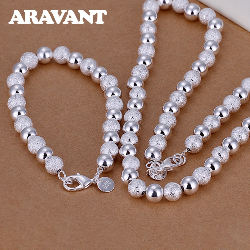 Wedding Engagement Jewelry Set 925 Silver Jewelry Scrub&Smooth Beads Balls Bracelet Necklace Women Party Jewelry Sets