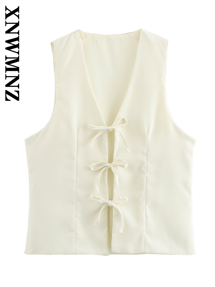 Xnwmnz forårs- og dame-sofistikeret vest klassisk efterårs- og dame-ærmeløs top med flæser, normal pasform, v-kravevest