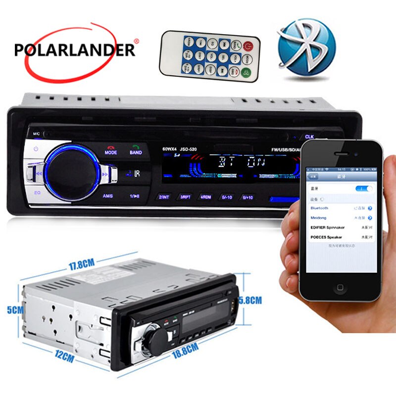 Polarlander – autoradio FM, USB, SD, AUX, bluetooth, mains libres, lecteur mp3, stéréo, 1 din, avec télécommande, , 12V