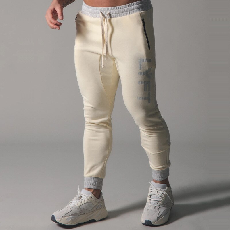 Joggingbukser herre fitness bukser sommer bomuld sport jogging slim fit joggingbukser med farve lynlåslomme: Mælkeagtig gul / L