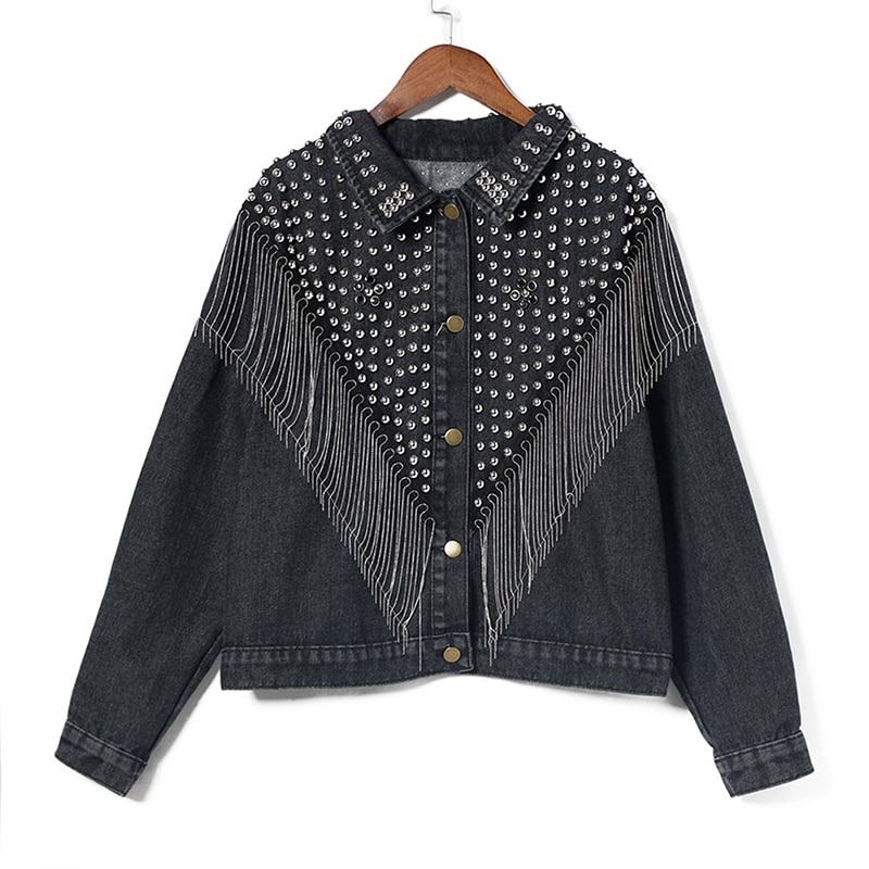 Femmes Denim Jakcet Rivet gland Jean vestes col rabattu simple boutonnage femme manteaux dames Streetwear tendance hauts