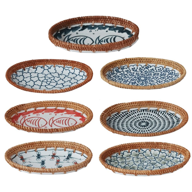 Hand Woven Rattan Blue &amp; White Porcelain Stitching Snack Plates and Sushi Plates