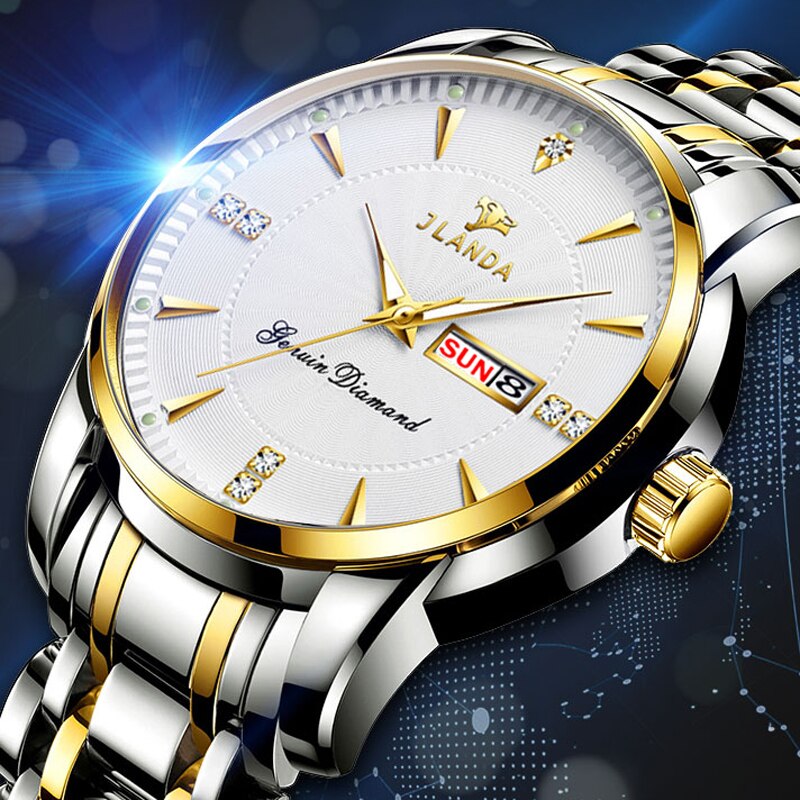 JLANDA-Reloj de pulsera de acero inoxidable para Hombre, Reloj de lujo clásico, de negocios, con fecha y semana, de cuarzo