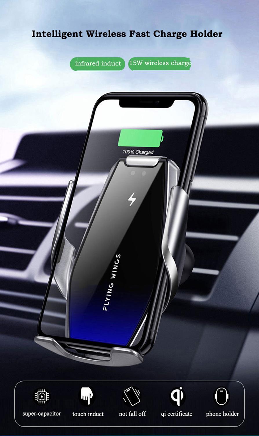 Super Capacitor Car 15W Wireless Charger Automatic Fast Charge Mount for Iphone XS XR X Samsung S10+/10 S9/8 Note9