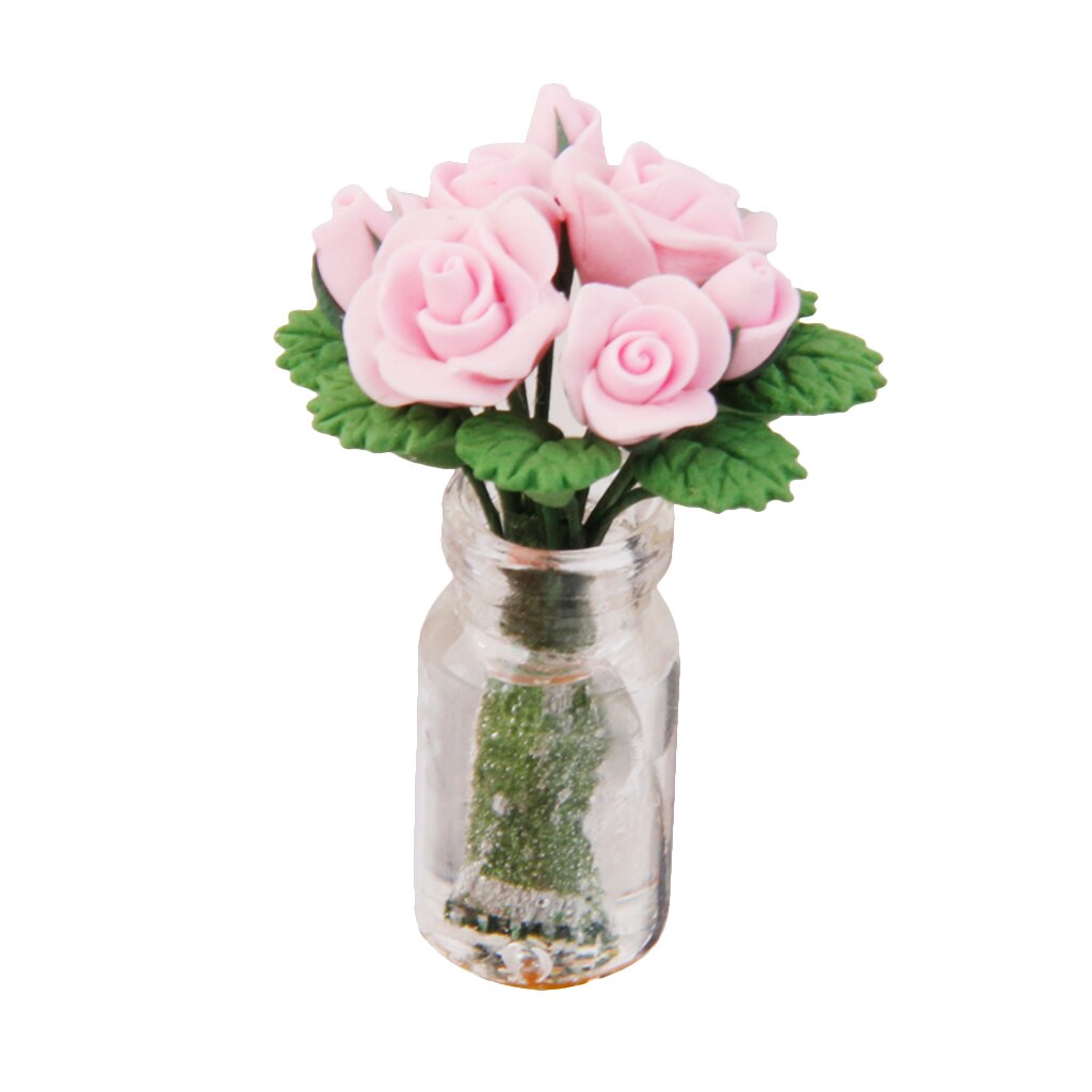 1/12th Miniatue Bunch Pink Rose Flowers In Glass Vase Dolls House Decoration