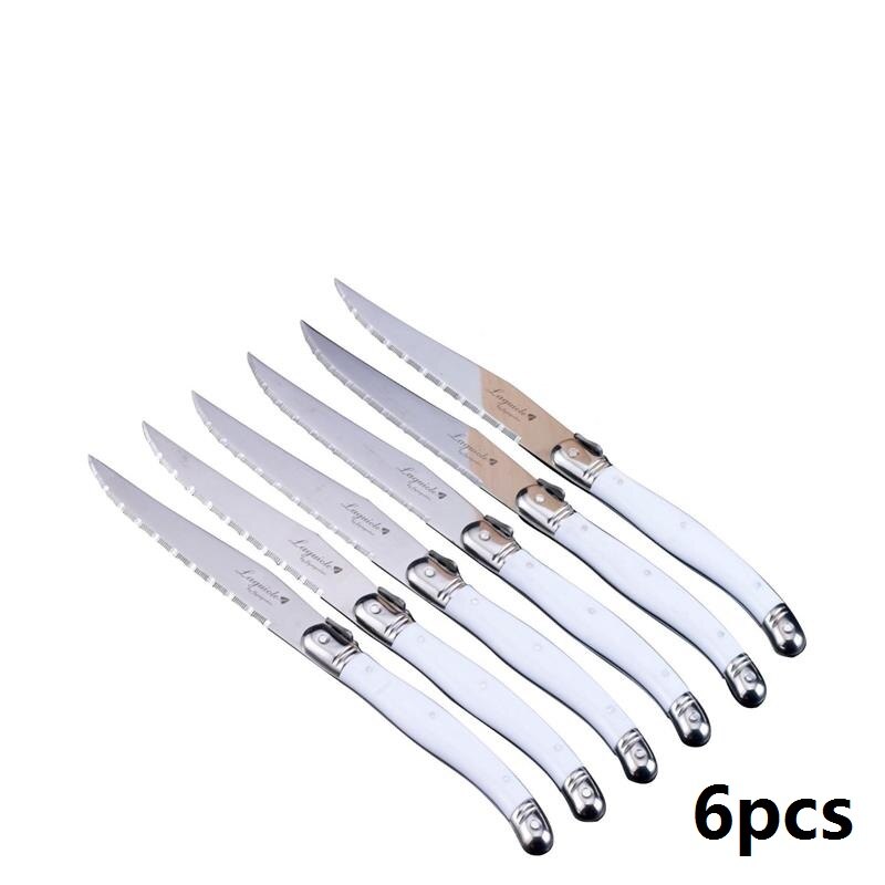 6 stk rustfri stål knive laguiole stil steak kniv sæt i træ skuffe bakke hvide håndtag køkken bestik sæt hjemmebestik: 6 stk hvide knive