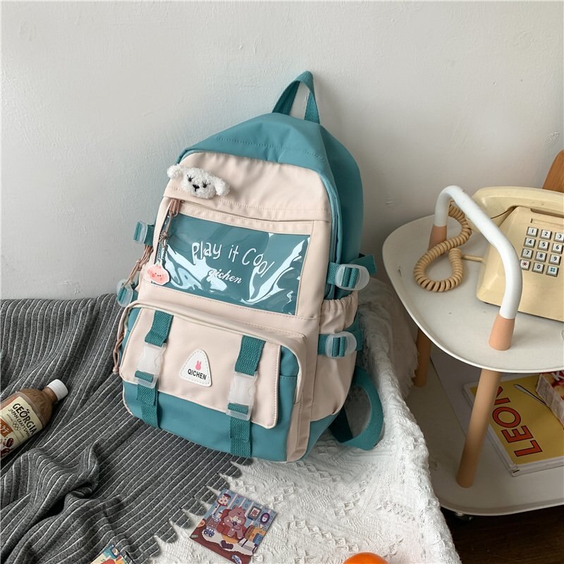 Waterdichte Badge Ita Vrouwen Rugzak Transparante Contrast Kleur College Gilrs Schooltassen Vrouwelijke Flap Multi-Pocket Laptop Rugzak: LightGreen