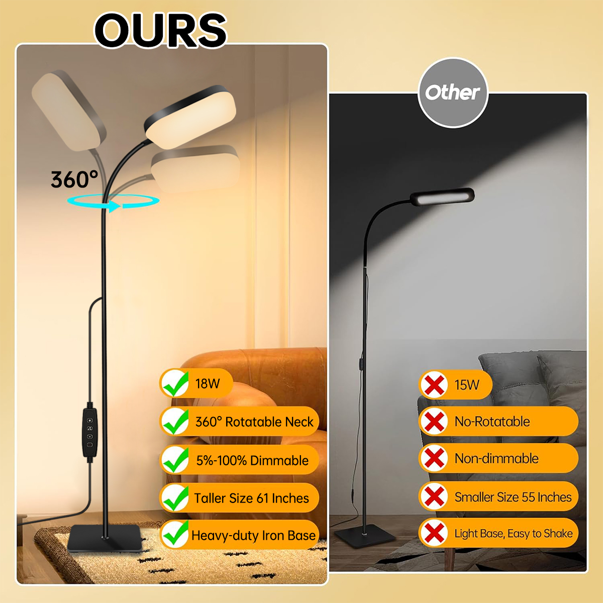 18w gulvlamper med touch-kontrol justerbar lysstyrke 360 ° svanehals led-gulvlamper øjenvenlig gulvlampe til stuen