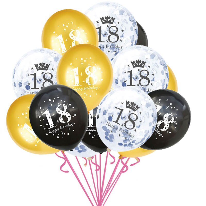 15pcs/set 18th Happy Birthday Balloon Decor Gold Silver Confetti Latex Balloons for 18 Year Old Birthday Celebrate Decoration