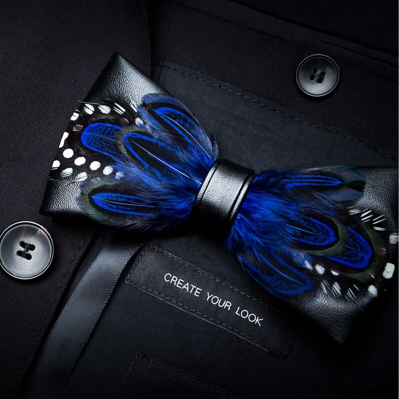 Ricnais – nœud papillon en cuir et plume pour homme, fait à la main, avec boîte , accessoires pour fête de mariage