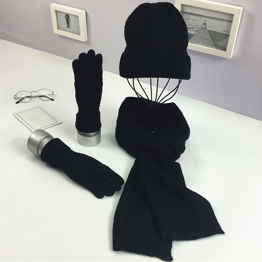 Nyeste vinter kvinder uldne tykke strik hat tørklæde handsker sæt varm blød strikket uld sæt: Balck