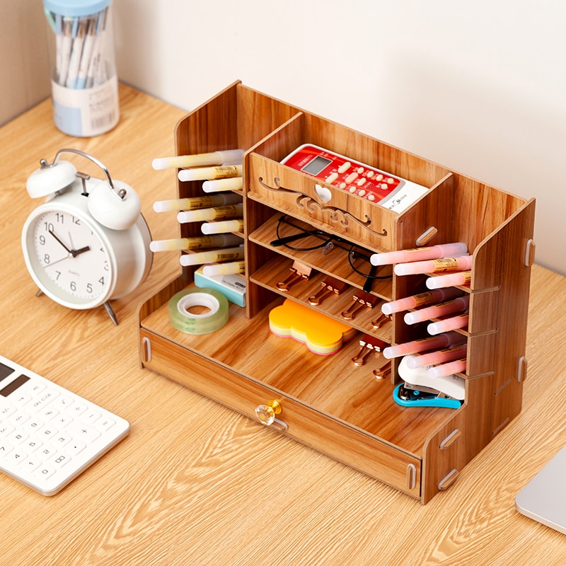 Pen holder Nordic ins storage box creativity office,desk stationery box wooden large capacity rack wooden book box