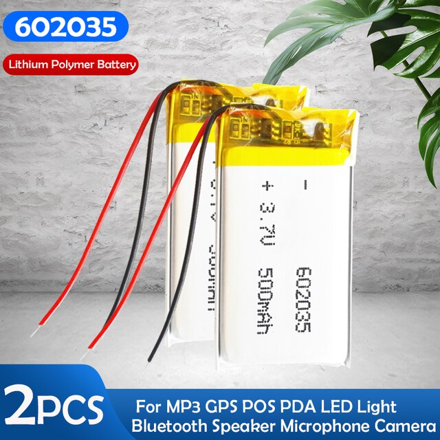 1-2PCS 3.7V 500mAh 602035 Rechargeable Lithium Polymer Battery For MP3 MP4 GPS DVR Smart Watch Bluetooth Headphone Lipo Cell: 2PCS